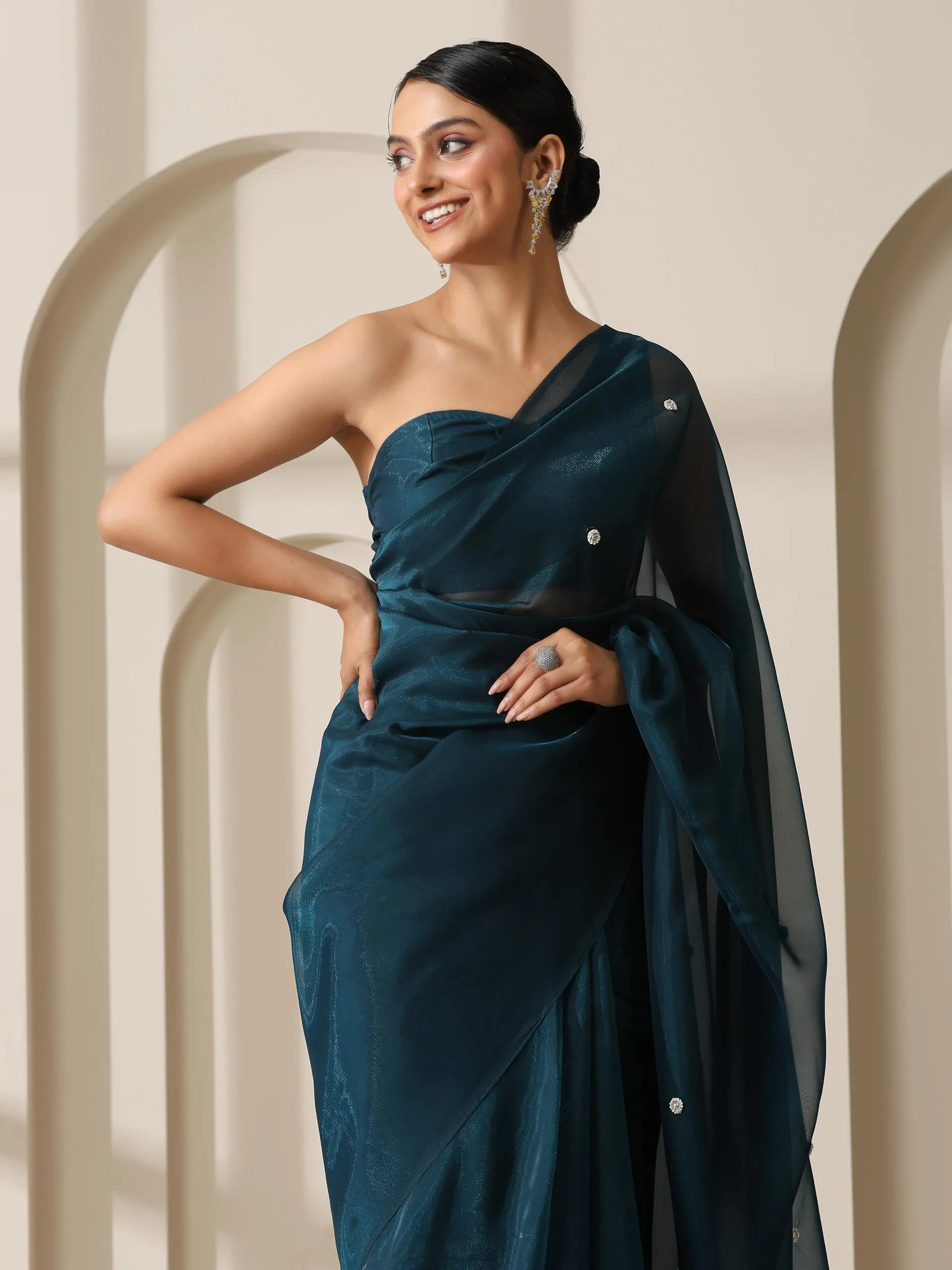 Prophecy Blue Shimmer Chiffon Saree with Beads and Self Fabric Blouse