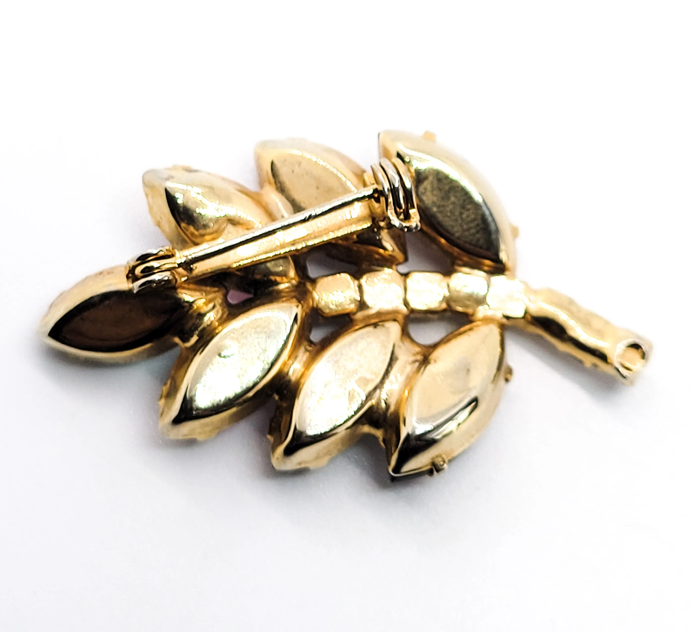 Purple pink and blue rainbow vintage prong set rhinestone leaf brooch