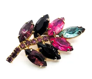 Purple pink and blue rainbow vintage prong set rhinestone leaf brooch