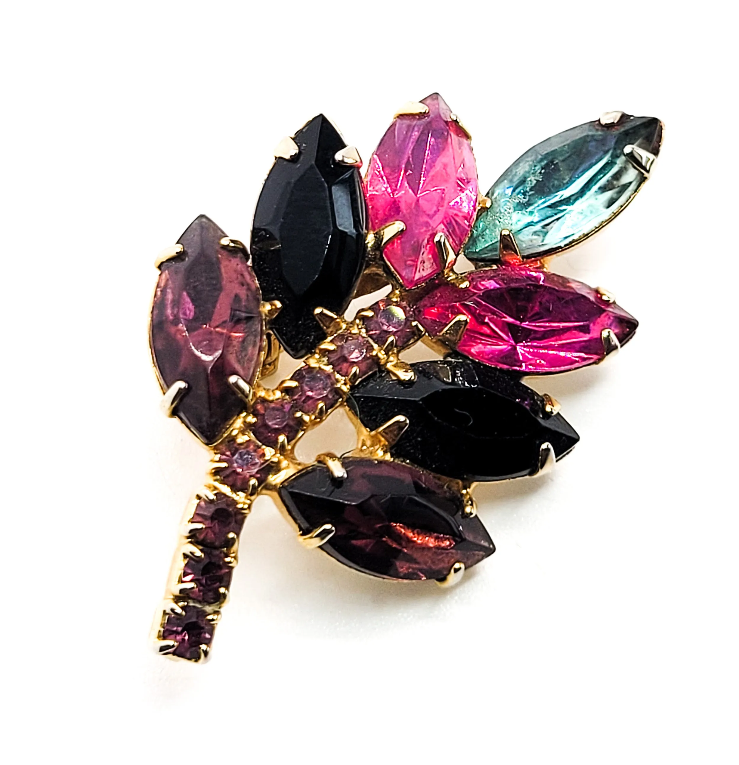 Purple pink and blue rainbow vintage prong set rhinestone leaf brooch