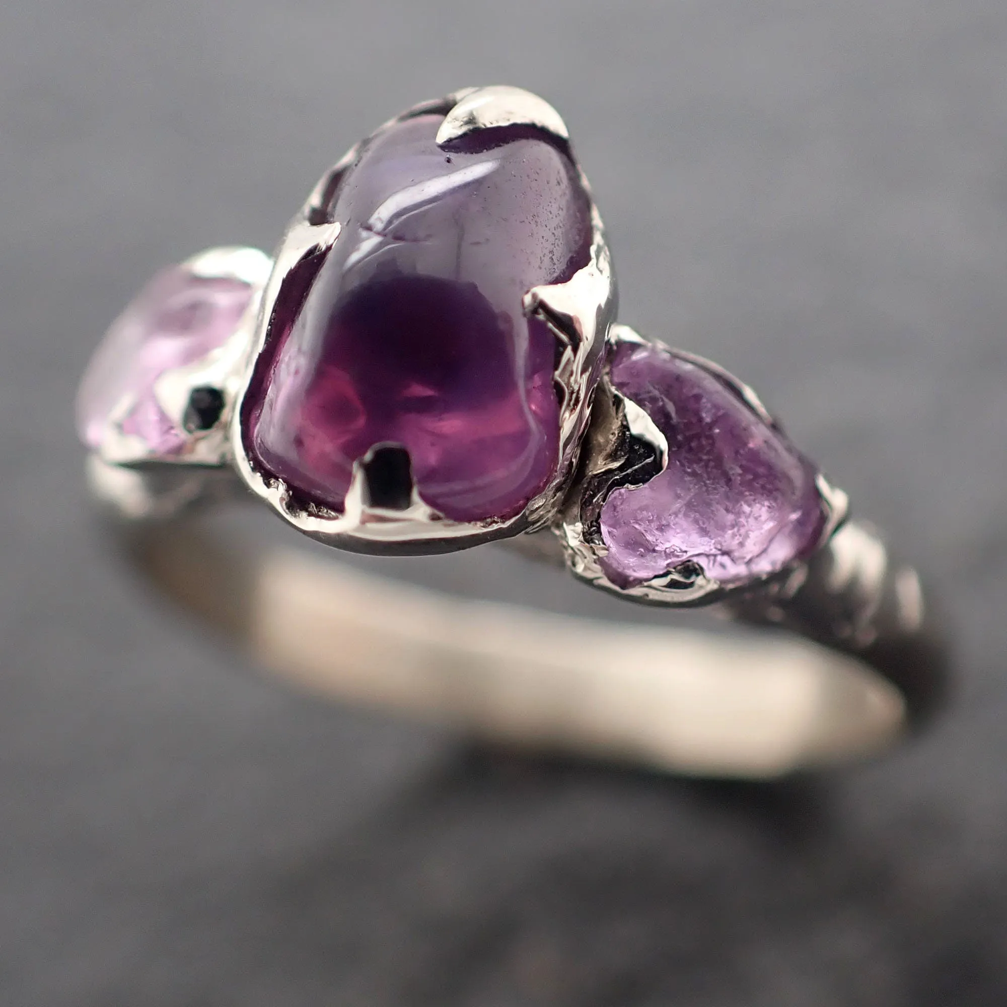 purple Sapphire tumbled White 14k gold multi stone gemstone ring 3090