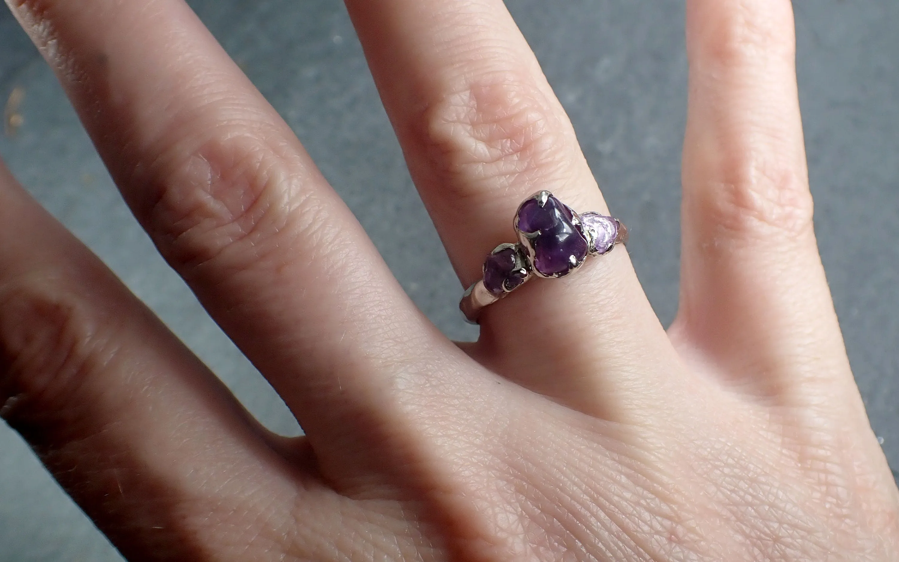 purple Sapphire tumbled White 14k gold multi stone gemstone ring 3090