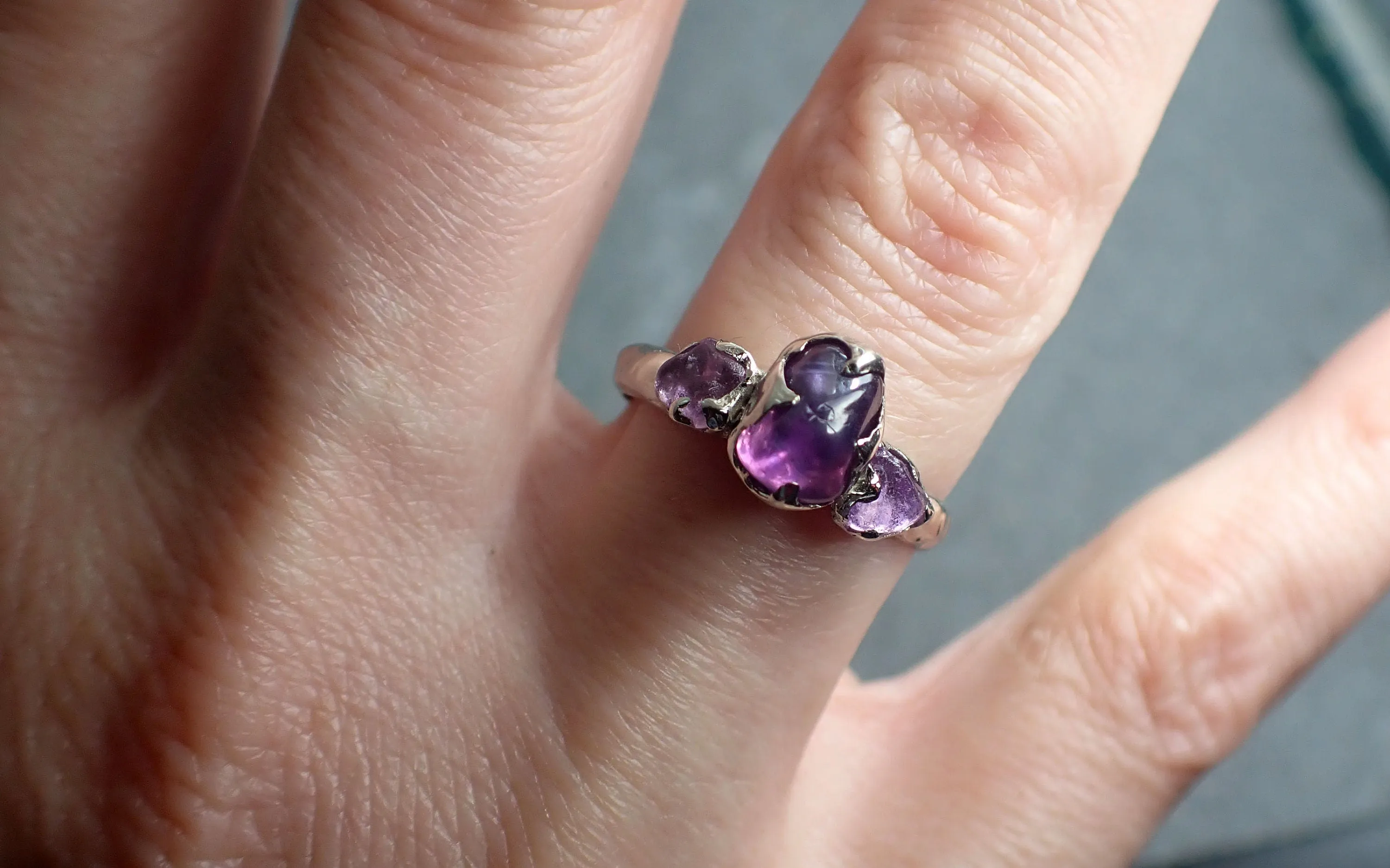 purple Sapphire tumbled White 14k gold multi stone gemstone ring 3090
