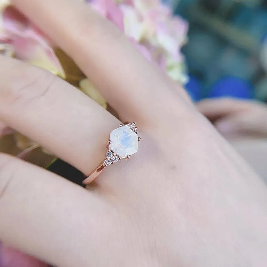 Rainbow Hexagon Moonstone Gemstone Ring