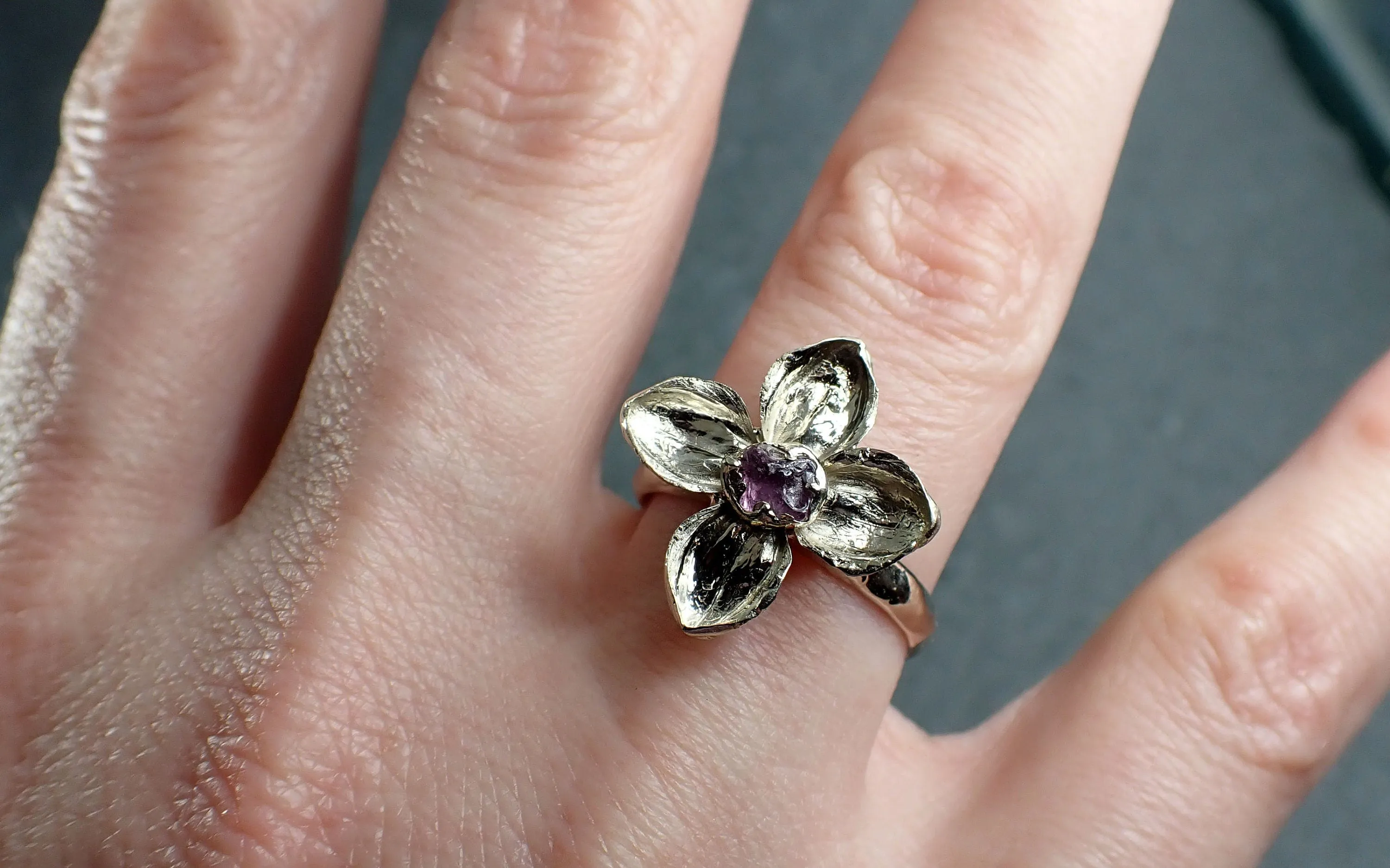 Real Flower and pink Sapphire 14k White gold wedding engagement ring Enchanted Garden Floral Ring byAngeline 2973
