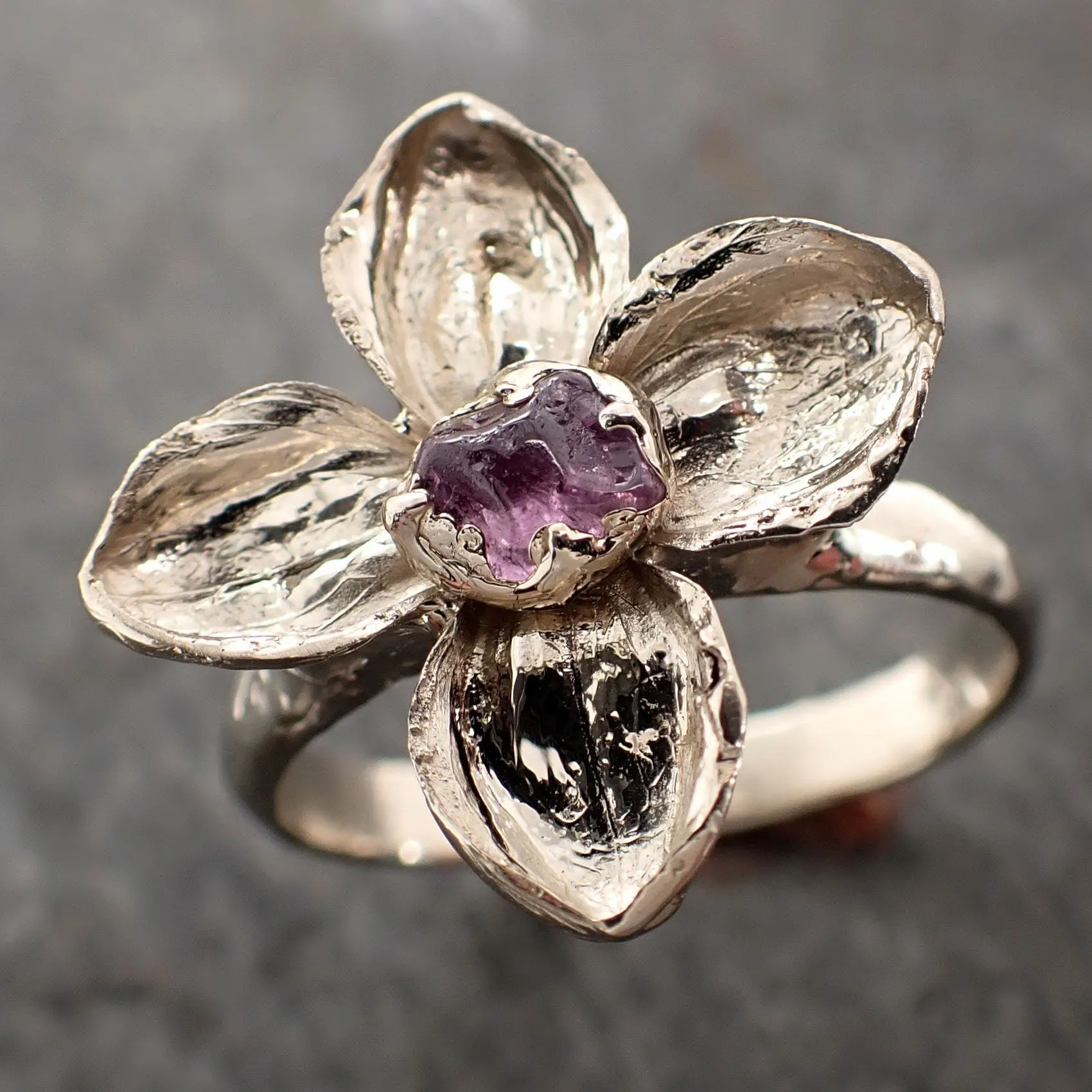 Real Flower and pink Sapphire 14k White gold wedding engagement ring Enchanted Garden Floral Ring byAngeline 2973