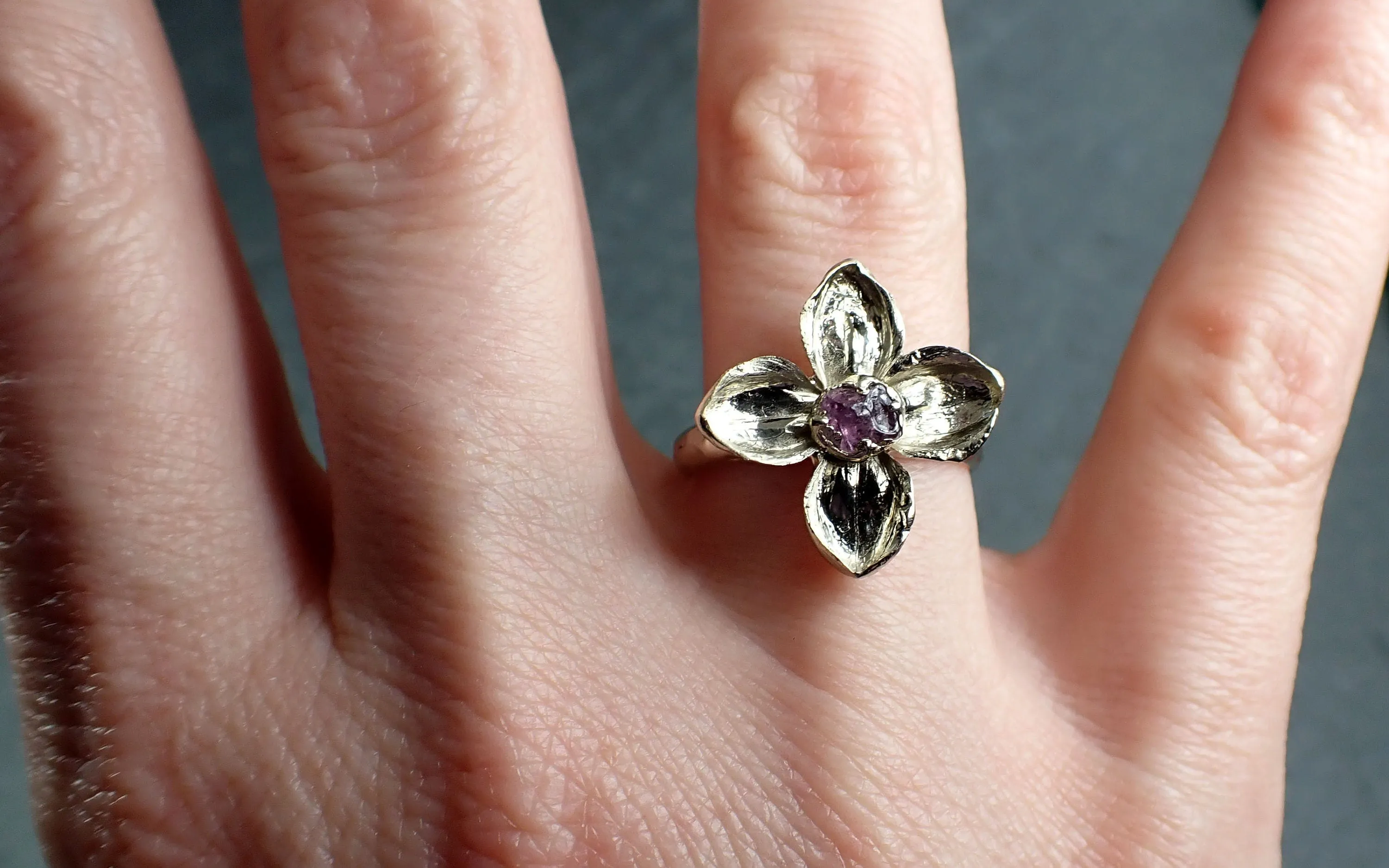 Real Flower and pink Sapphire 14k White gold wedding engagement ring Enchanted Garden Floral Ring byAngeline 2973
