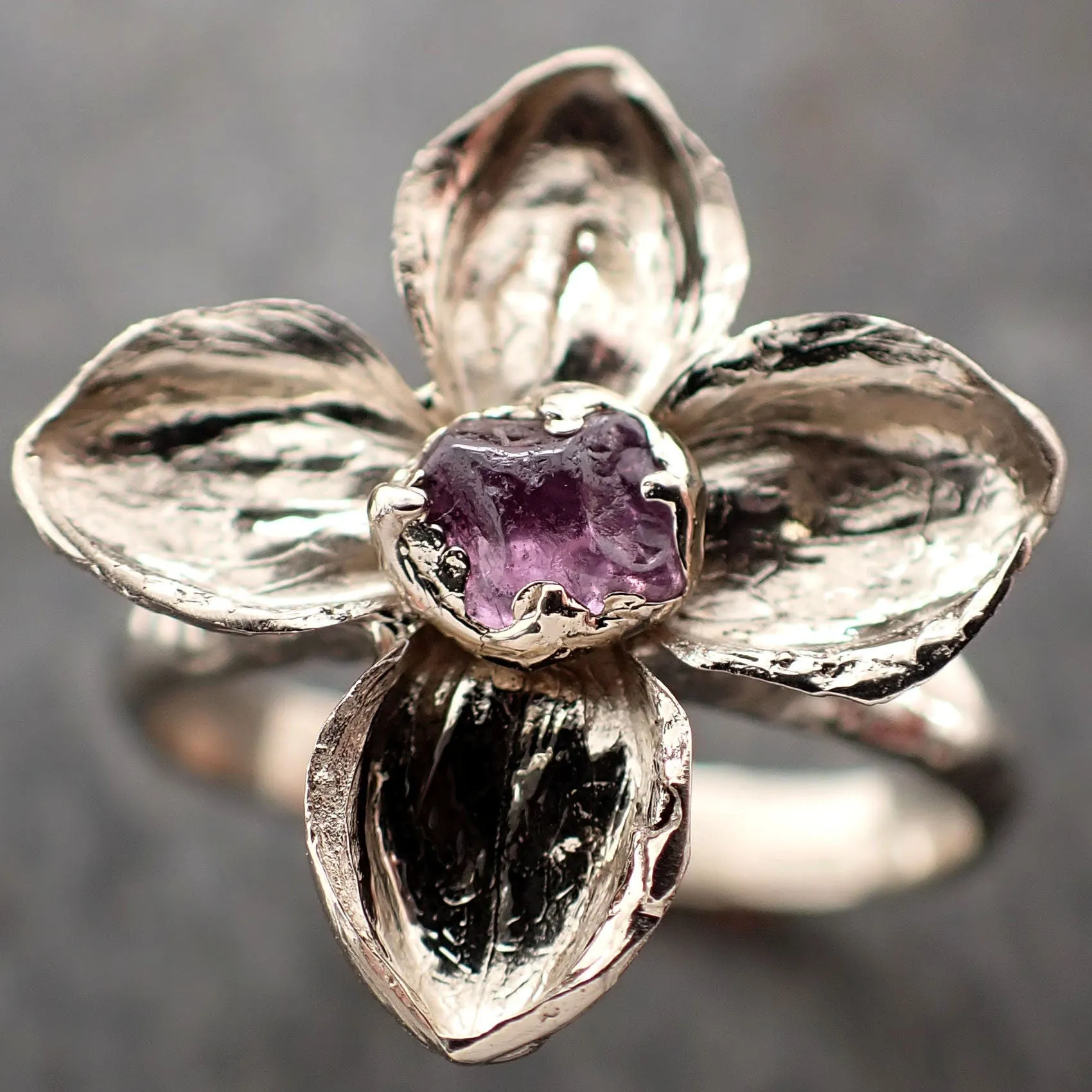 Real Flower and pink Sapphire 14k White gold wedding engagement ring Enchanted Garden Floral Ring byAngeline 2973