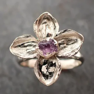 Real Flower and pink Sapphire 14k White gold wedding engagement ring Enchanted Garden Floral Ring byAngeline 2973