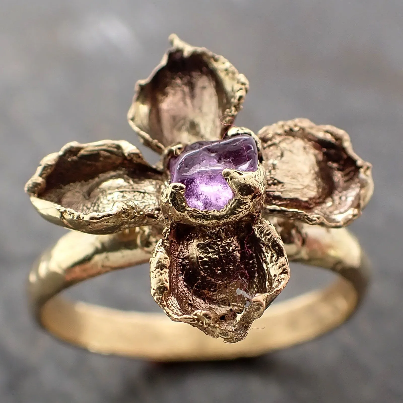 Real Flower and pink Sapphire 18k Yellow gold wedding engagement ring Enchanted Garden Floral Ring byAngeline 2975