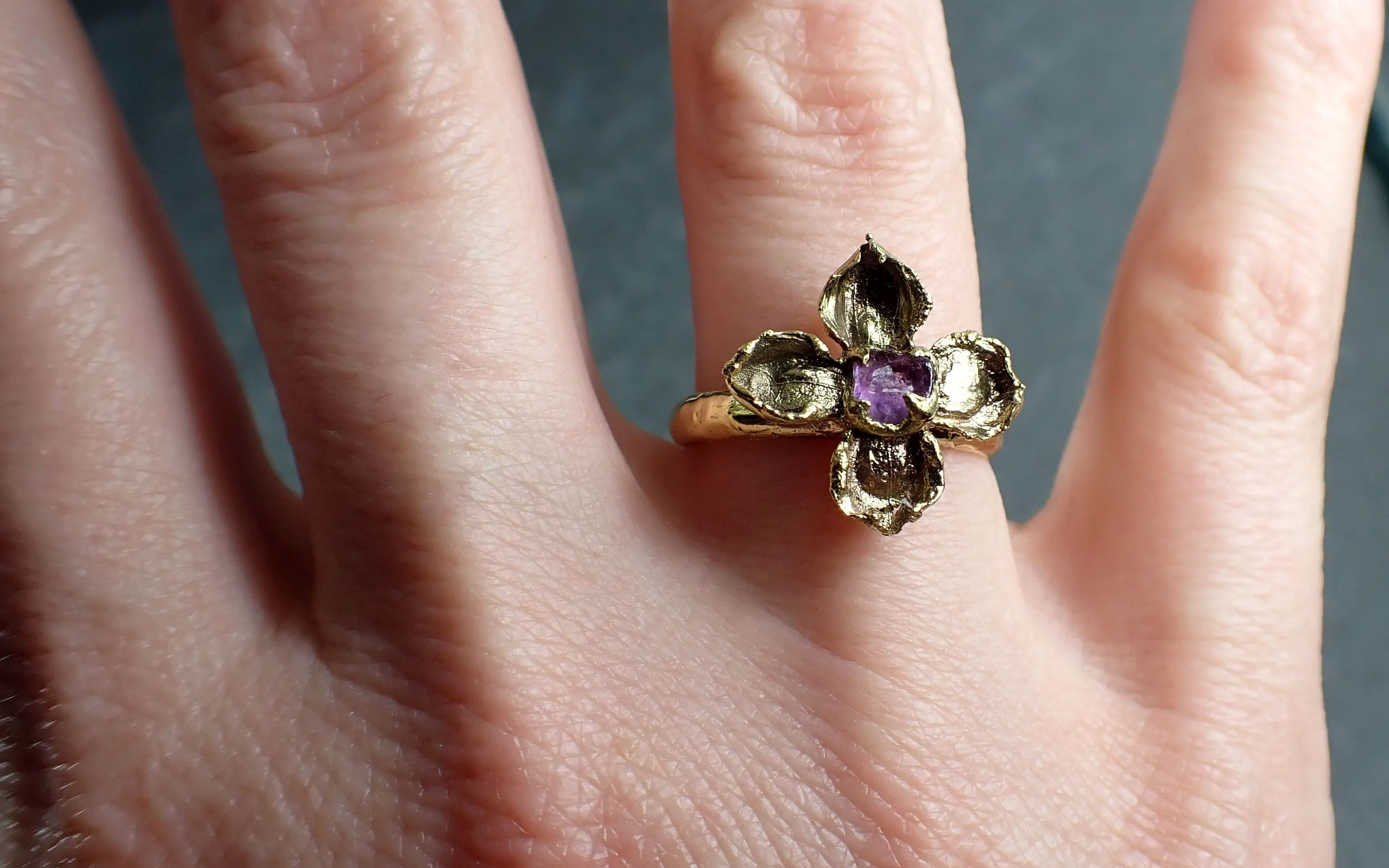 Real Flower and pink Sapphire 18k Yellow gold wedding engagement ring Enchanted Garden Floral Ring byAngeline 2975