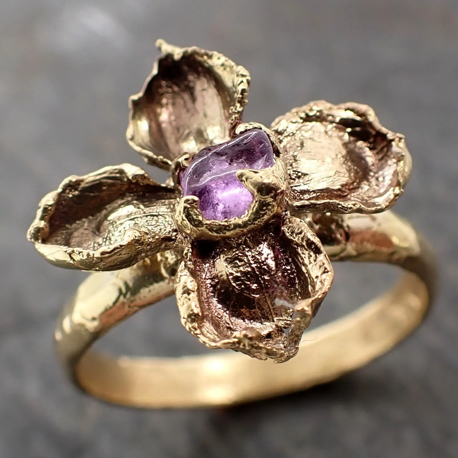 Real Flower and pink Sapphire 18k Yellow gold wedding engagement ring Enchanted Garden Floral Ring byAngeline 2975