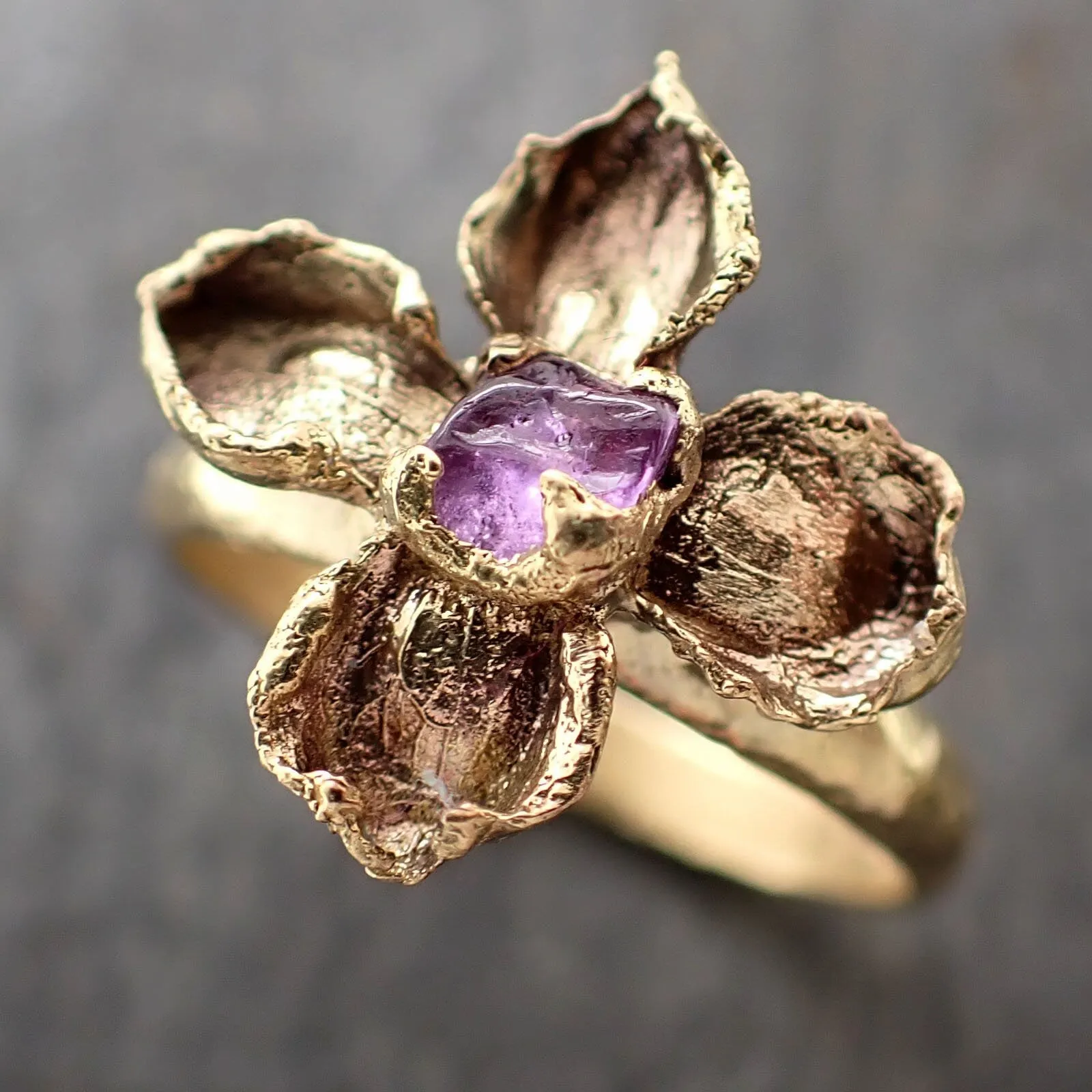 Real Flower and pink Sapphire 18k Yellow gold wedding engagement ring Enchanted Garden Floral Ring byAngeline 2975