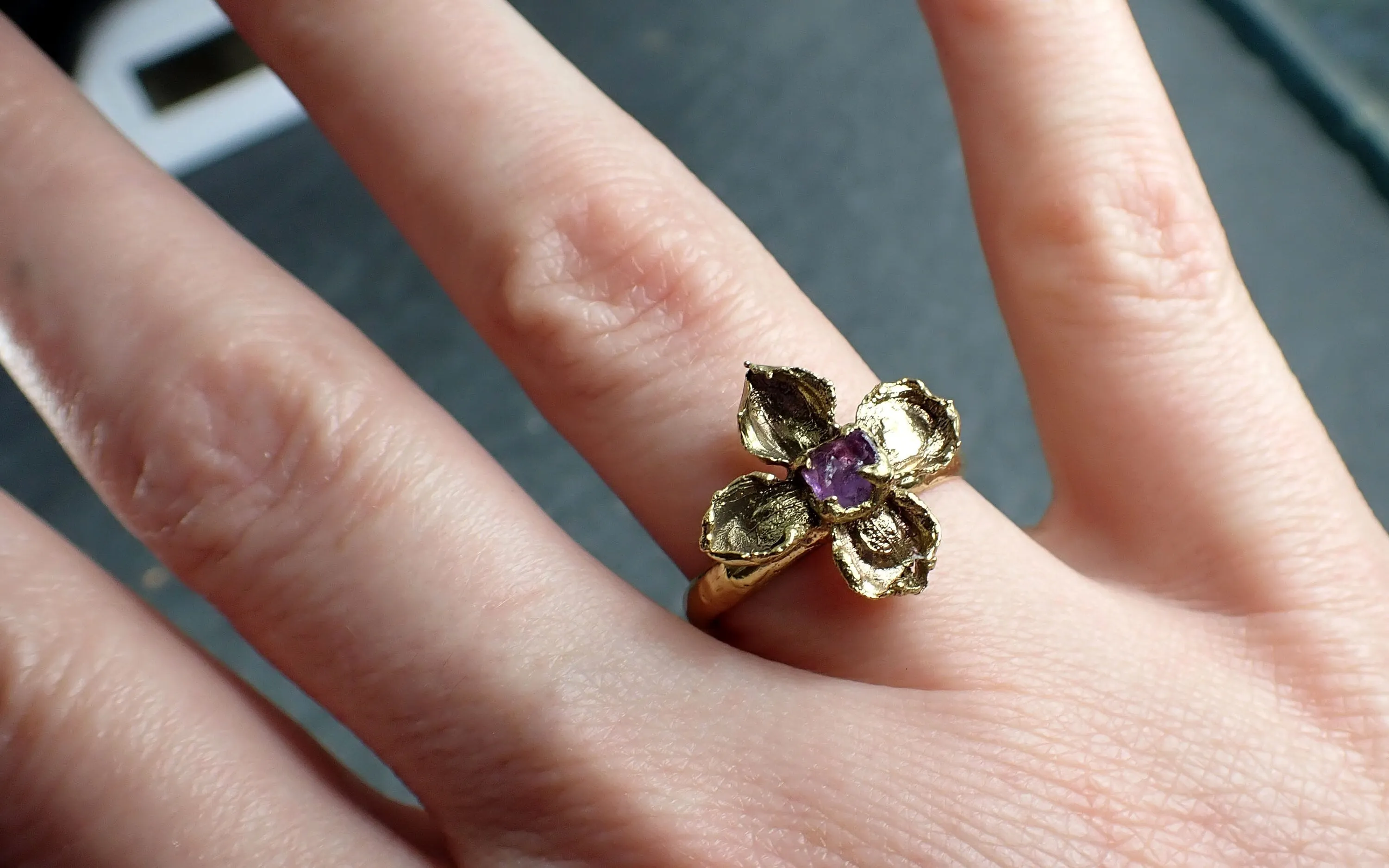 Real Flower and pink Sapphire 18k Yellow gold wedding engagement ring Enchanted Garden Floral Ring byAngeline 2975