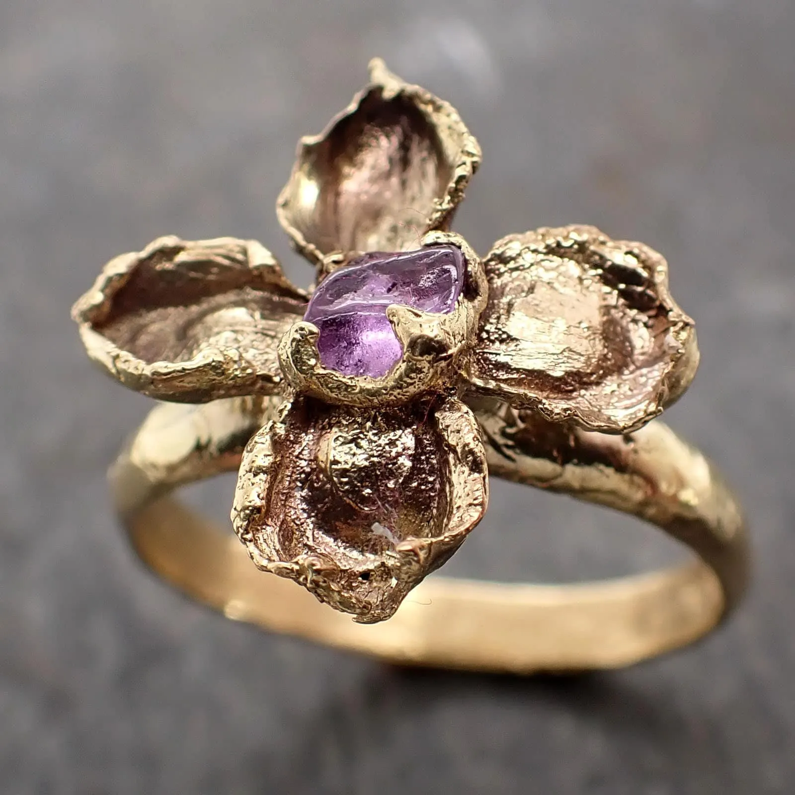 Real Flower and pink Sapphire 18k Yellow gold wedding engagement ring Enchanted Garden Floral Ring byAngeline 2975