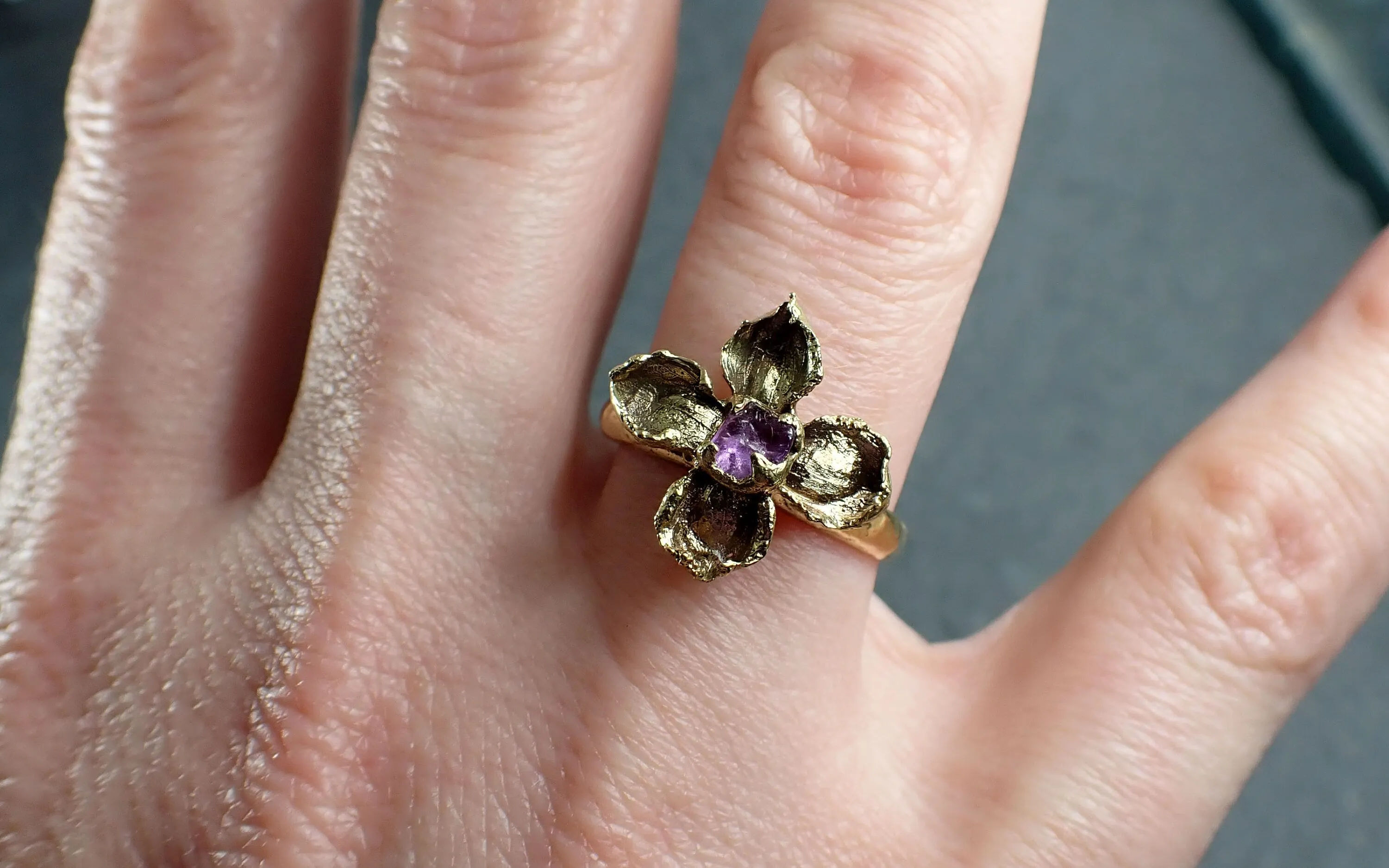 Real Flower and pink Sapphire 18k Yellow gold wedding engagement ring Enchanted Garden Floral Ring byAngeline 2975