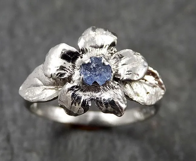 Real Flower Raw Sapphire Solitaire  14k White gold wedding engagement ring Enchanted Garden Floral Ring byAngeline 1425