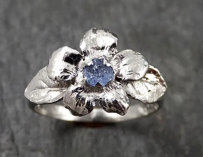 Real Flower Raw Sapphire Solitaire  14k White gold wedding engagement ring Enchanted Garden Floral Ring byAngeline 1425