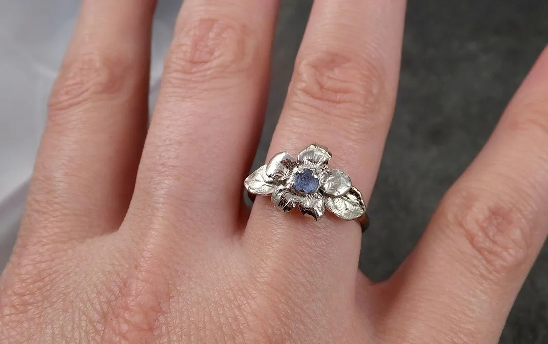 Real Flower Raw Sapphire Solitaire  14k White gold wedding engagement ring Enchanted Garden Floral Ring byAngeline 1425