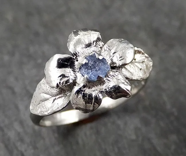 Real Flower Raw Sapphire Solitaire  14k White gold wedding engagement ring Enchanted Garden Floral Ring byAngeline 1425