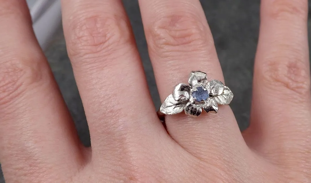 Real Flower Raw Sapphire Solitaire  14k White gold wedding engagement ring Enchanted Garden Floral Ring byAngeline 1425