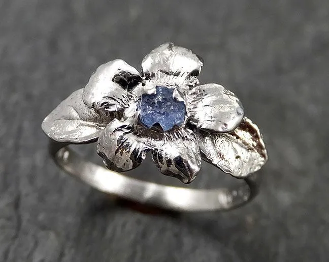 Real Flower Raw Sapphire Solitaire  14k White gold wedding engagement ring Enchanted Garden Floral Ring byAngeline 1425