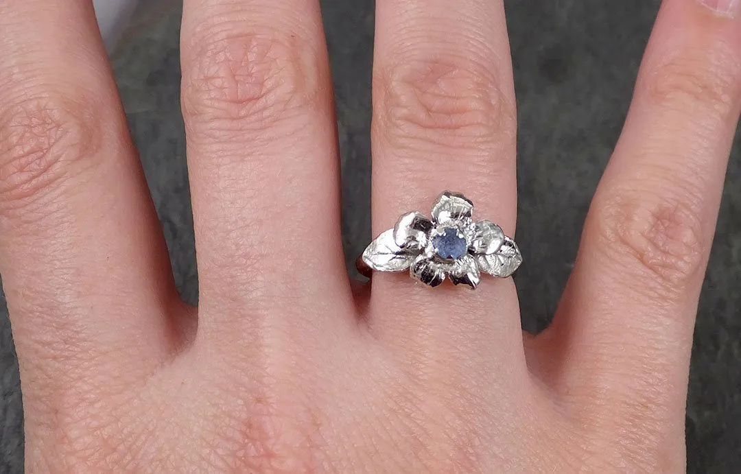 Real Flower Raw Sapphire Solitaire  14k White gold wedding engagement ring Enchanted Garden Floral Ring byAngeline 1425