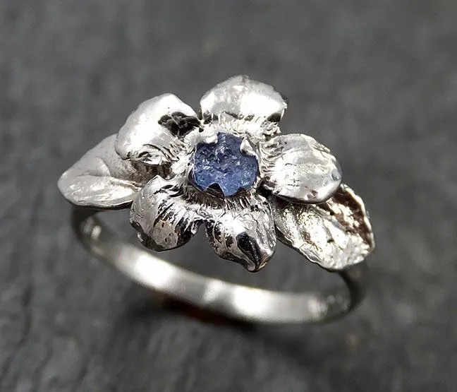 Real Flower Raw Sapphire Solitaire  14k White gold wedding engagement ring Enchanted Garden Floral Ring byAngeline 1425