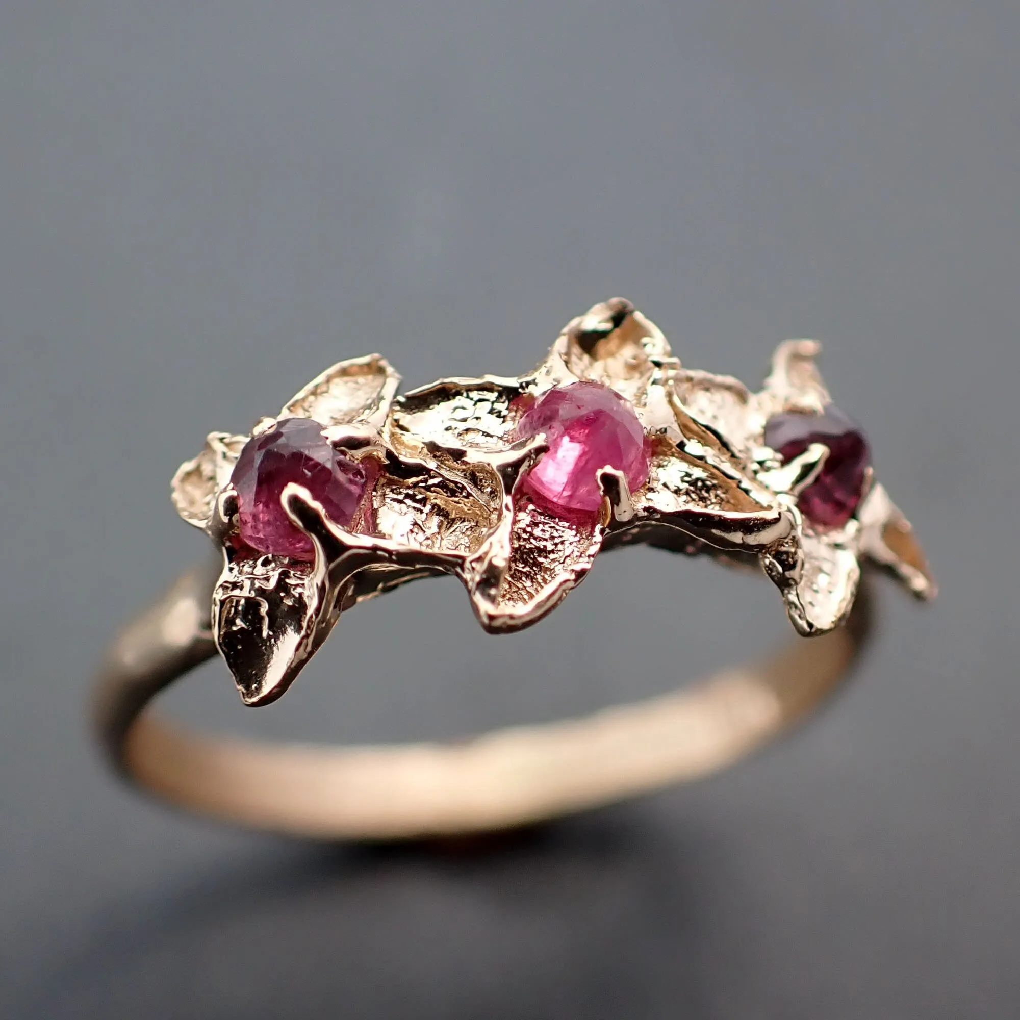 Real Lilac Flower casting with faceted Rubies 14k Yellow gold multi stone Enchanted Garden Floral Ring byAngeline 3375