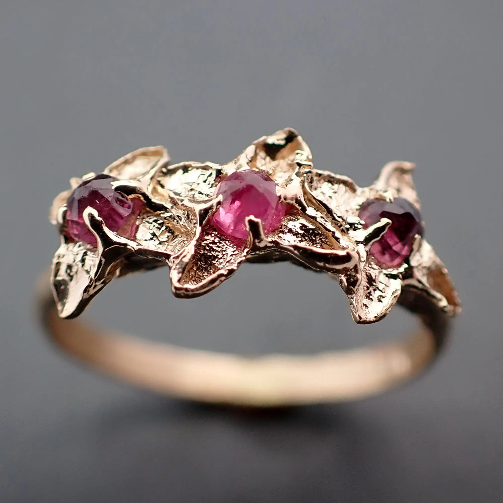 Real Lilac Flower casting with faceted Rubies 14k Yellow gold multi stone Enchanted Garden Floral Ring byAngeline 3375