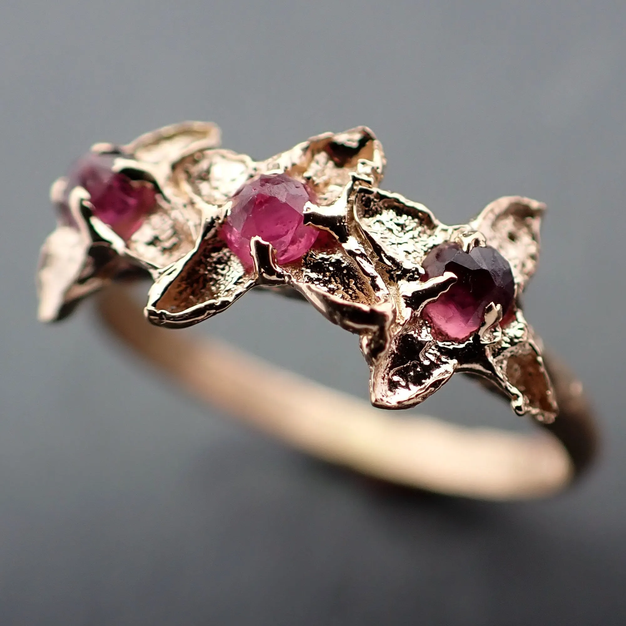 Real Lilac Flower casting with faceted Rubies 14k Yellow gold multi stone Enchanted Garden Floral Ring byAngeline 3375