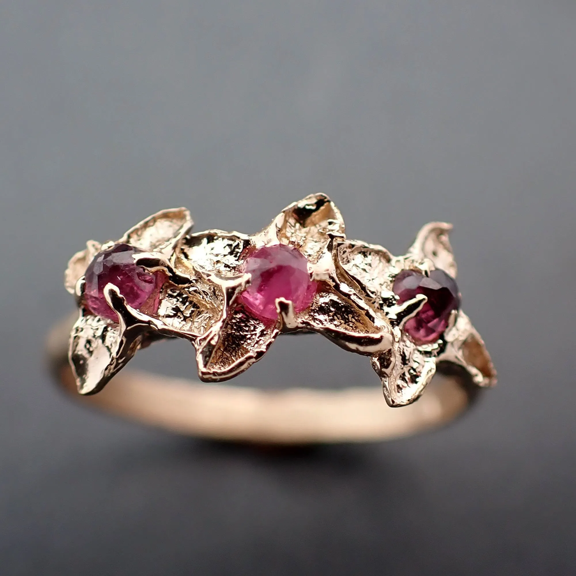 Real Lilac Flower casting with faceted Rubies 14k Yellow gold multi stone Enchanted Garden Floral Ring byAngeline 3375