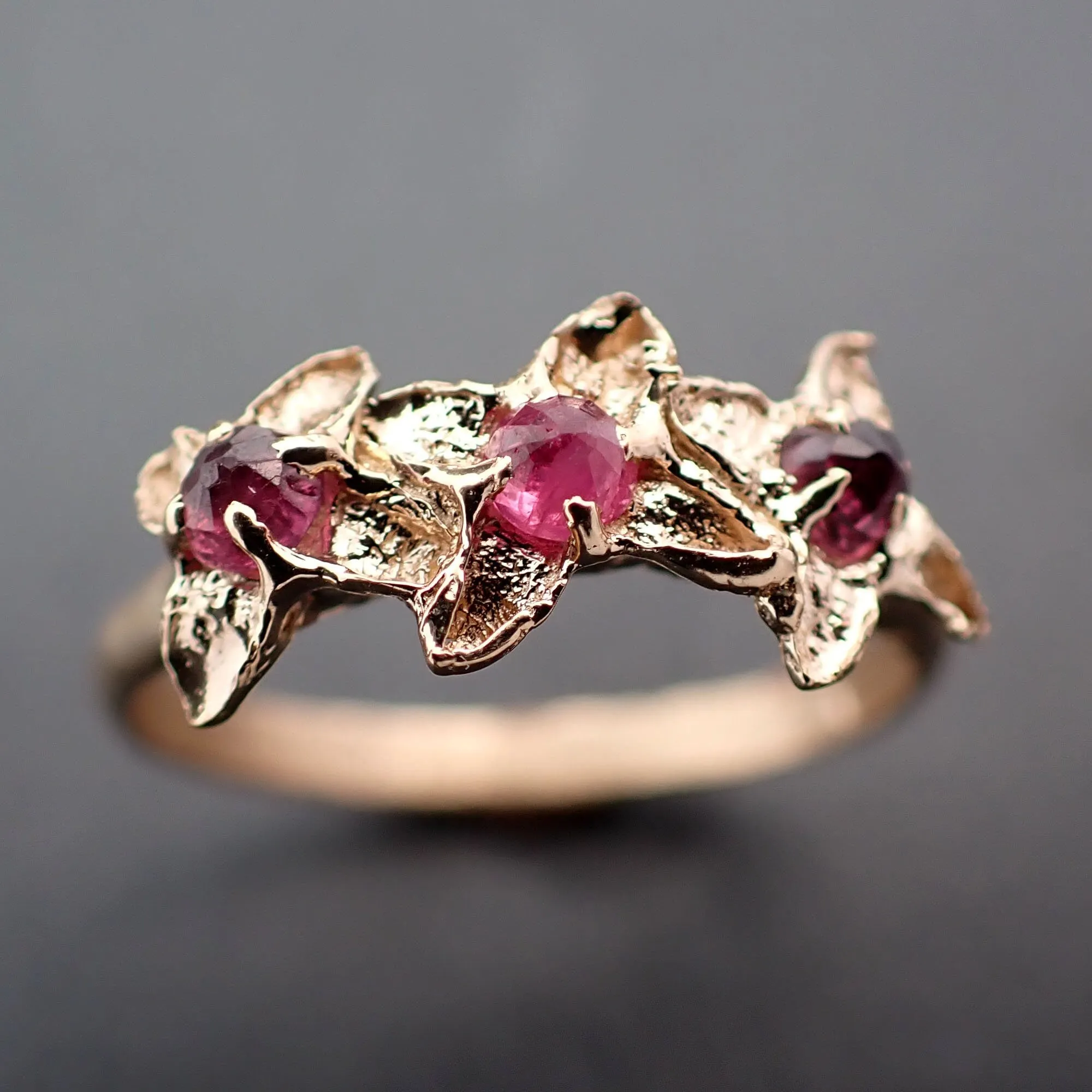 Real Lilac Flower casting with faceted Rubies 14k Yellow gold multi stone Enchanted Garden Floral Ring byAngeline 3375