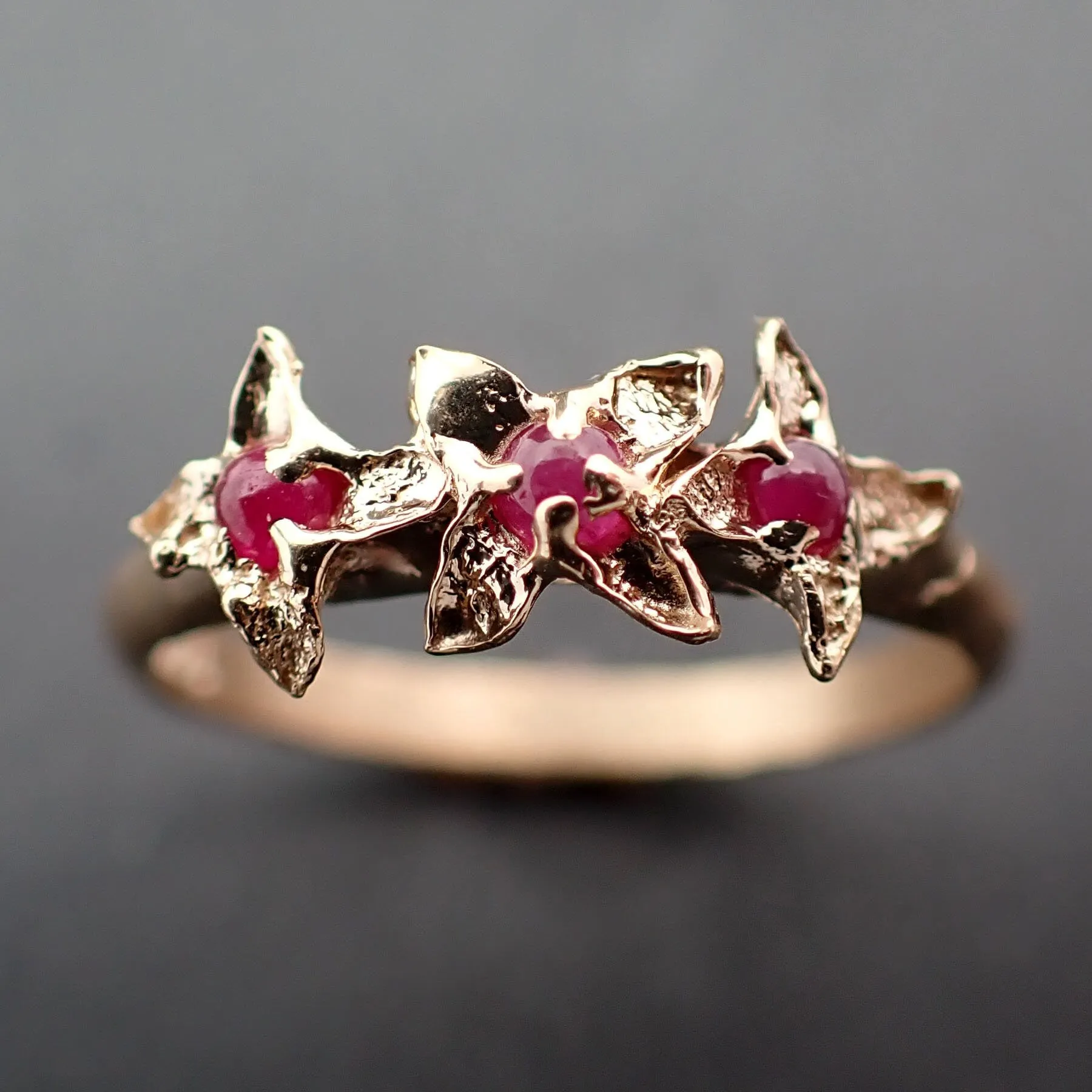 Real Lilac Flower casting with faceted Rubies 14k Yellow gold multi stone Enchanted Garden Floral Ring byAngeline 3376
