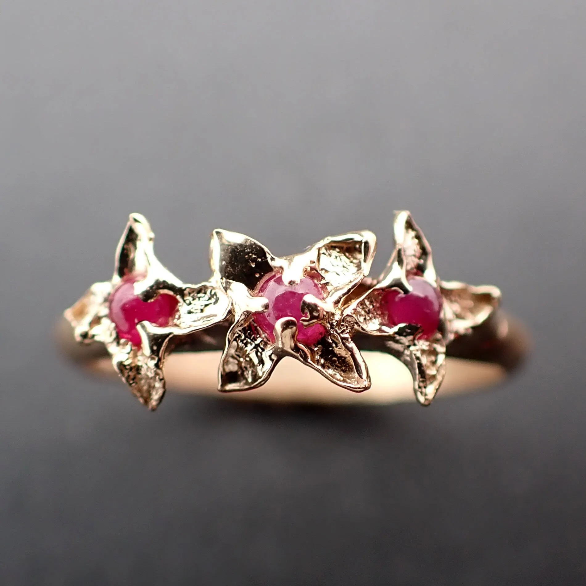 Real Lilac Flower casting with faceted Rubies 14k Yellow gold multi stone Enchanted Garden Floral Ring byAngeline 3376