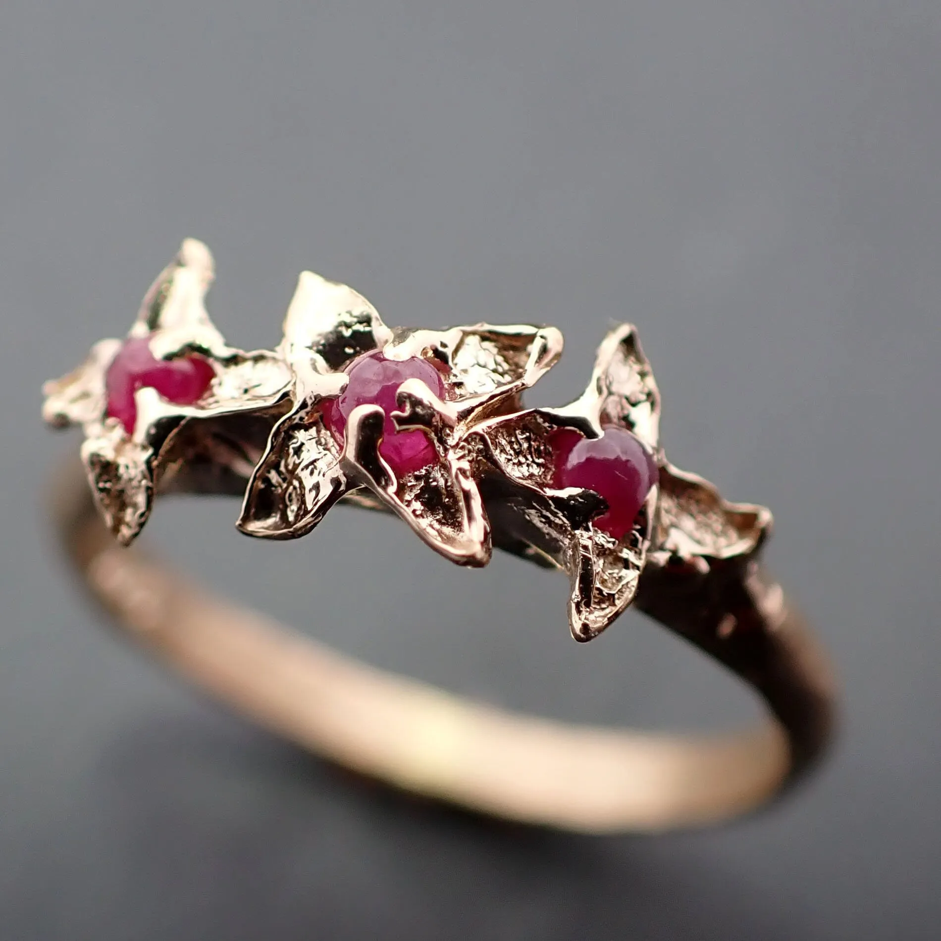 Real Lilac Flower casting with faceted Rubies 14k Yellow gold multi stone Enchanted Garden Floral Ring byAngeline 3376