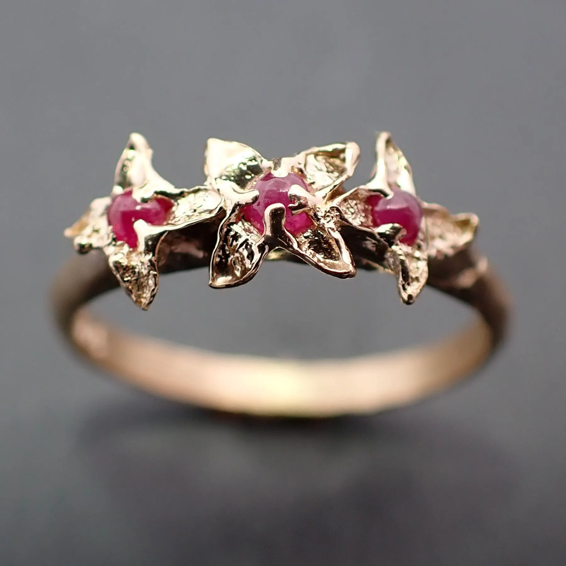 Real Lilac Flower casting with faceted Rubies 14k Yellow gold multi stone Enchanted Garden Floral Ring byAngeline 3376