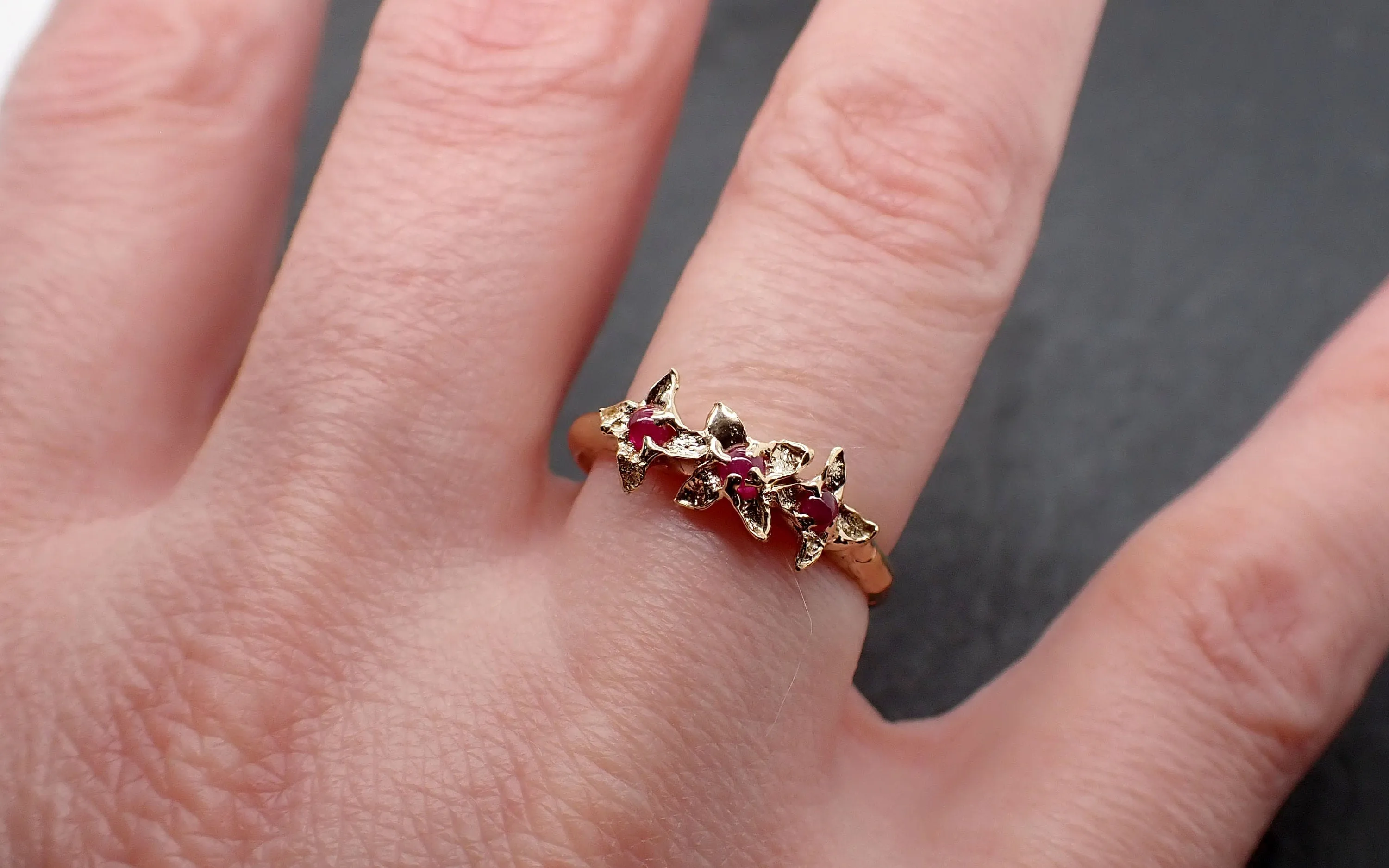 Real Lilac Flower casting with faceted Rubies 14k Yellow gold multi stone Enchanted Garden Floral Ring byAngeline 3376