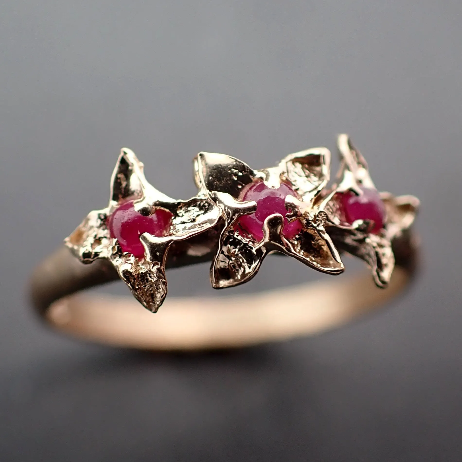 Real Lilac Flower casting with faceted Rubies 14k Yellow gold multi stone Enchanted Garden Floral Ring byAngeline 3376