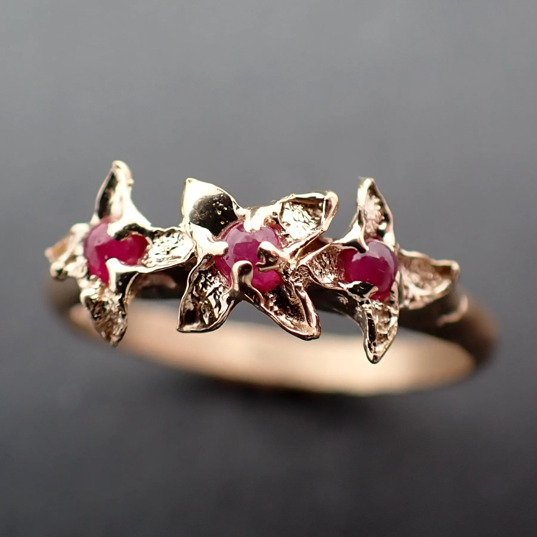 Real Lilac Flower casting with faceted Rubies 14k Yellow gold multi stone Enchanted Garden Floral Ring byAngeline 3376