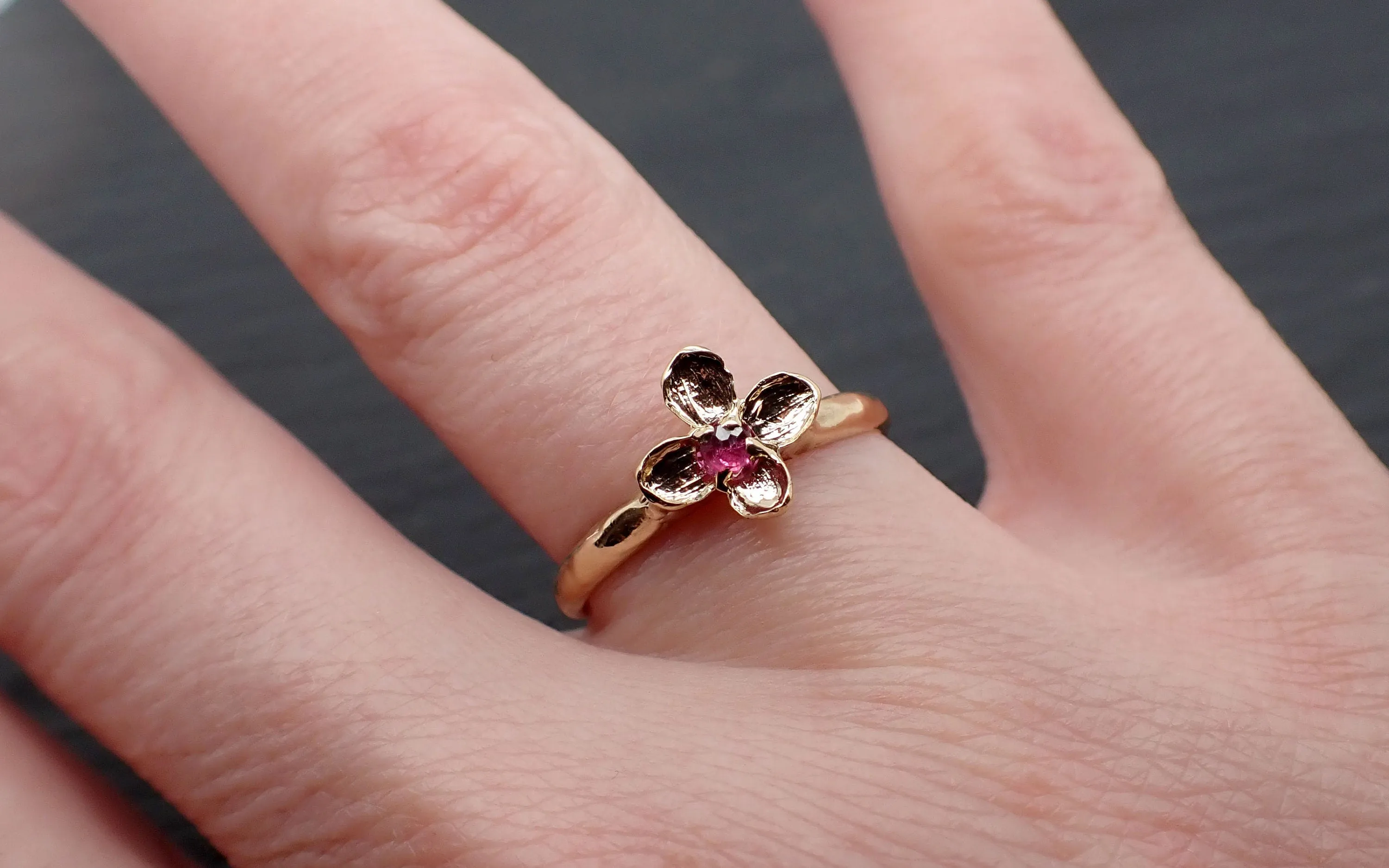 Real Lilac Flower casting with faceted Ruby 14k Yellow gold Solitaire Enchanted Garden Floral Ring byAngeline 3392