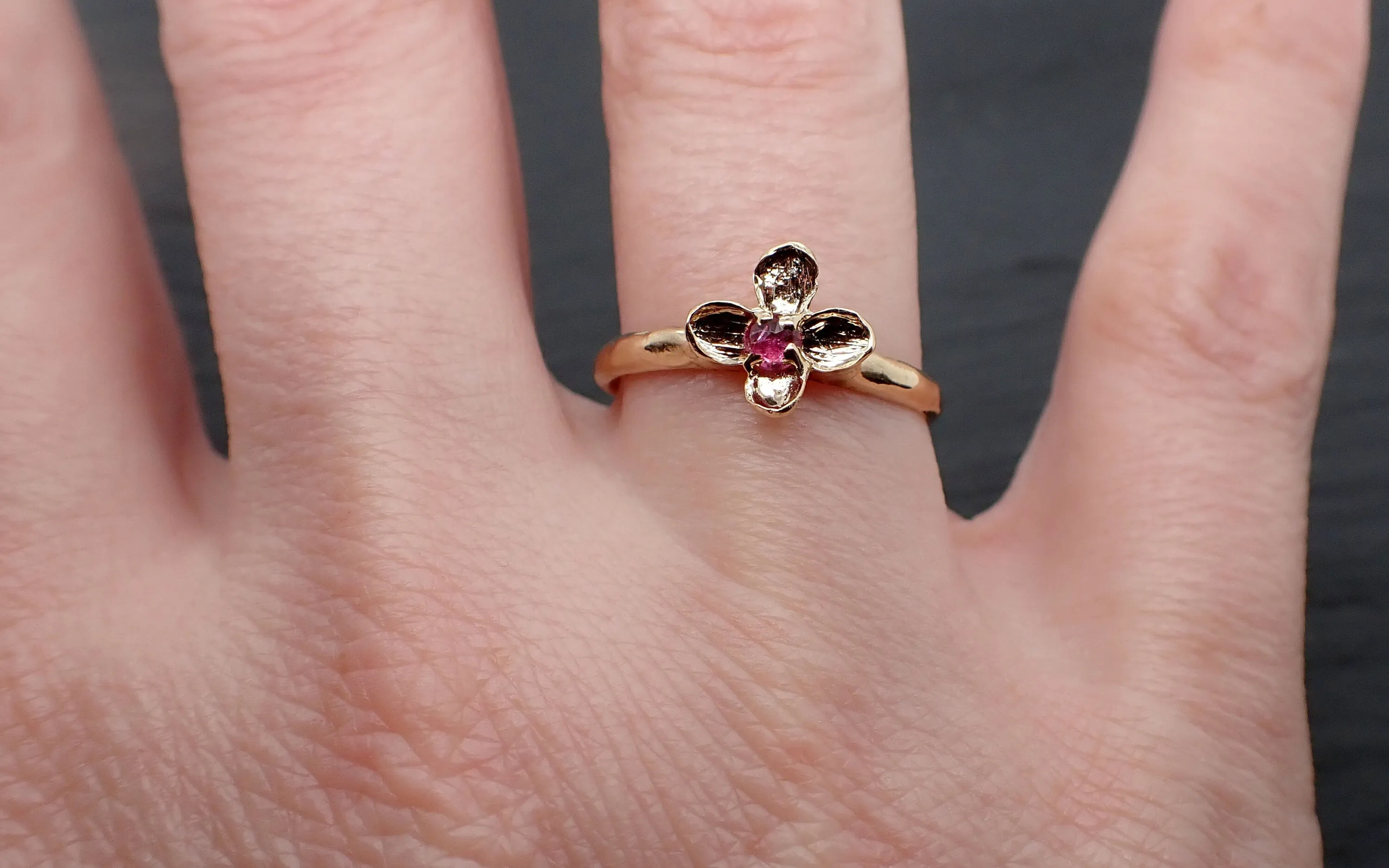Real Lilac Flower casting with faceted Ruby 14k Yellow gold Solitaire Enchanted Garden Floral Ring byAngeline 3392