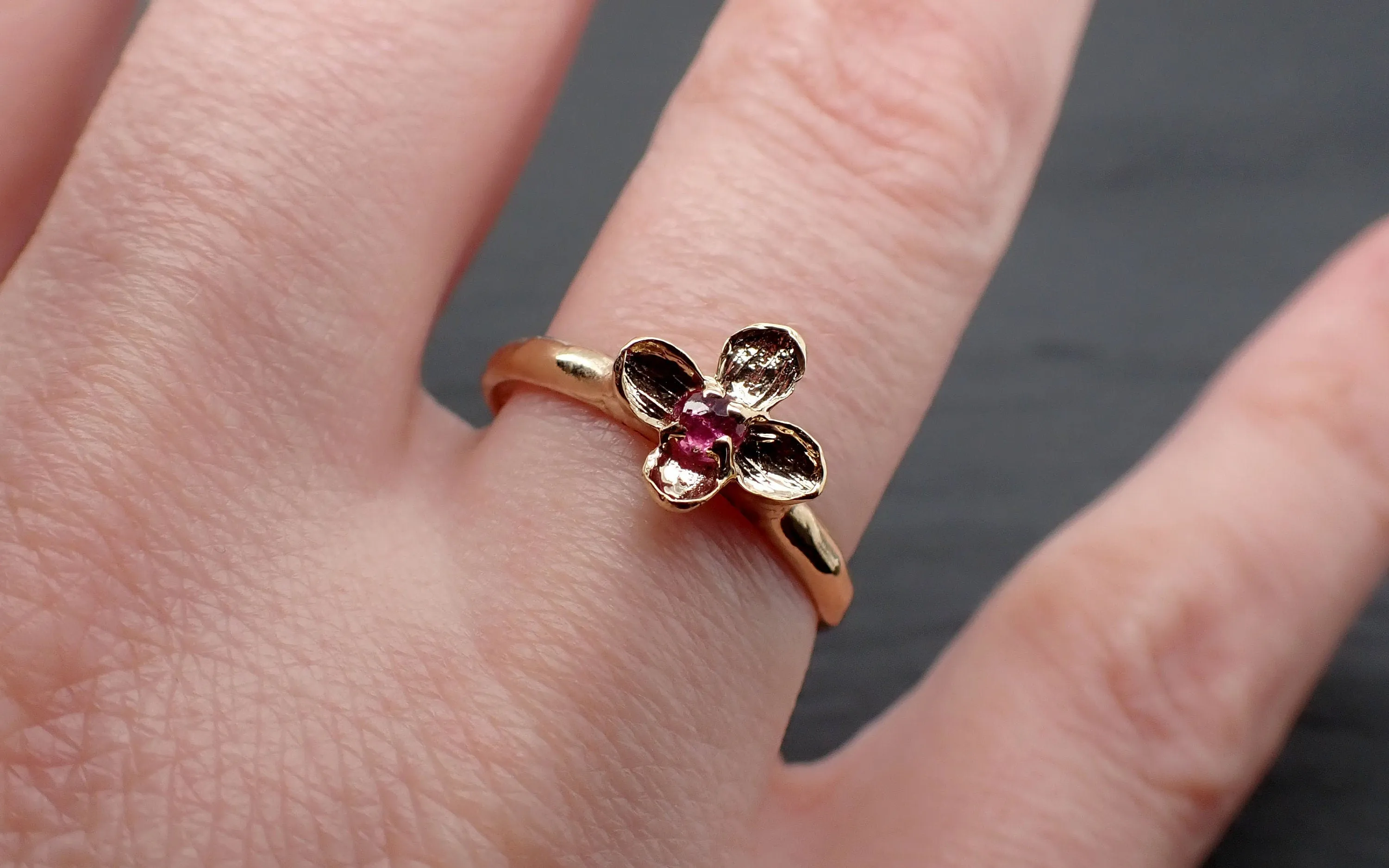 Real Lilac Flower casting with faceted Ruby 14k Yellow gold Solitaire Enchanted Garden Floral Ring byAngeline 3392