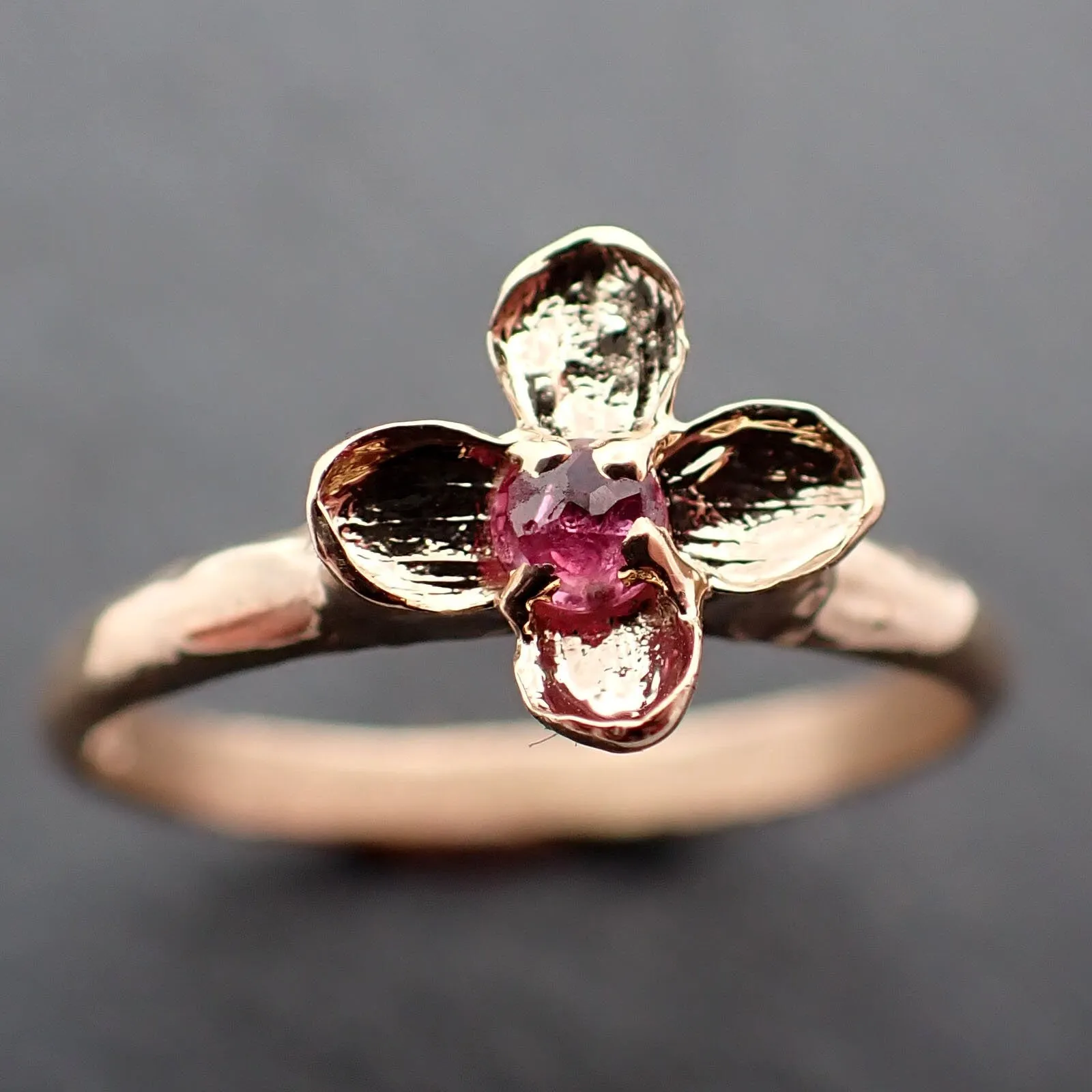 Real Lilac Flower casting with faceted Ruby 14k Yellow gold Solitaire Enchanted Garden Floral Ring byAngeline 3392
