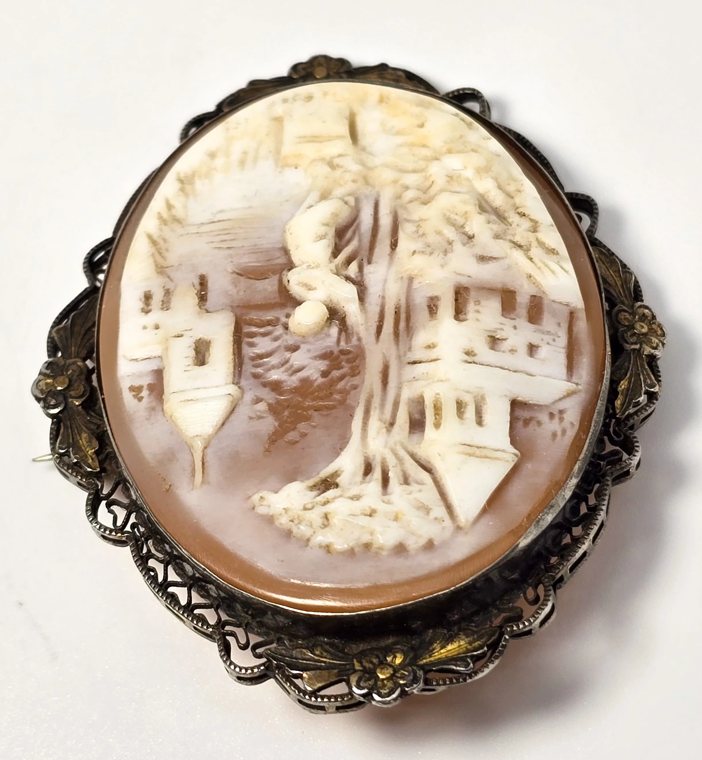 Rebekah and the Well antique carved shell sterling silver gold filled cameo brooch