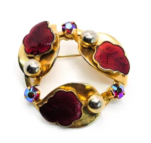 Red leaf enamel gillouche aurora borealis vintage gold rhinestone brooch