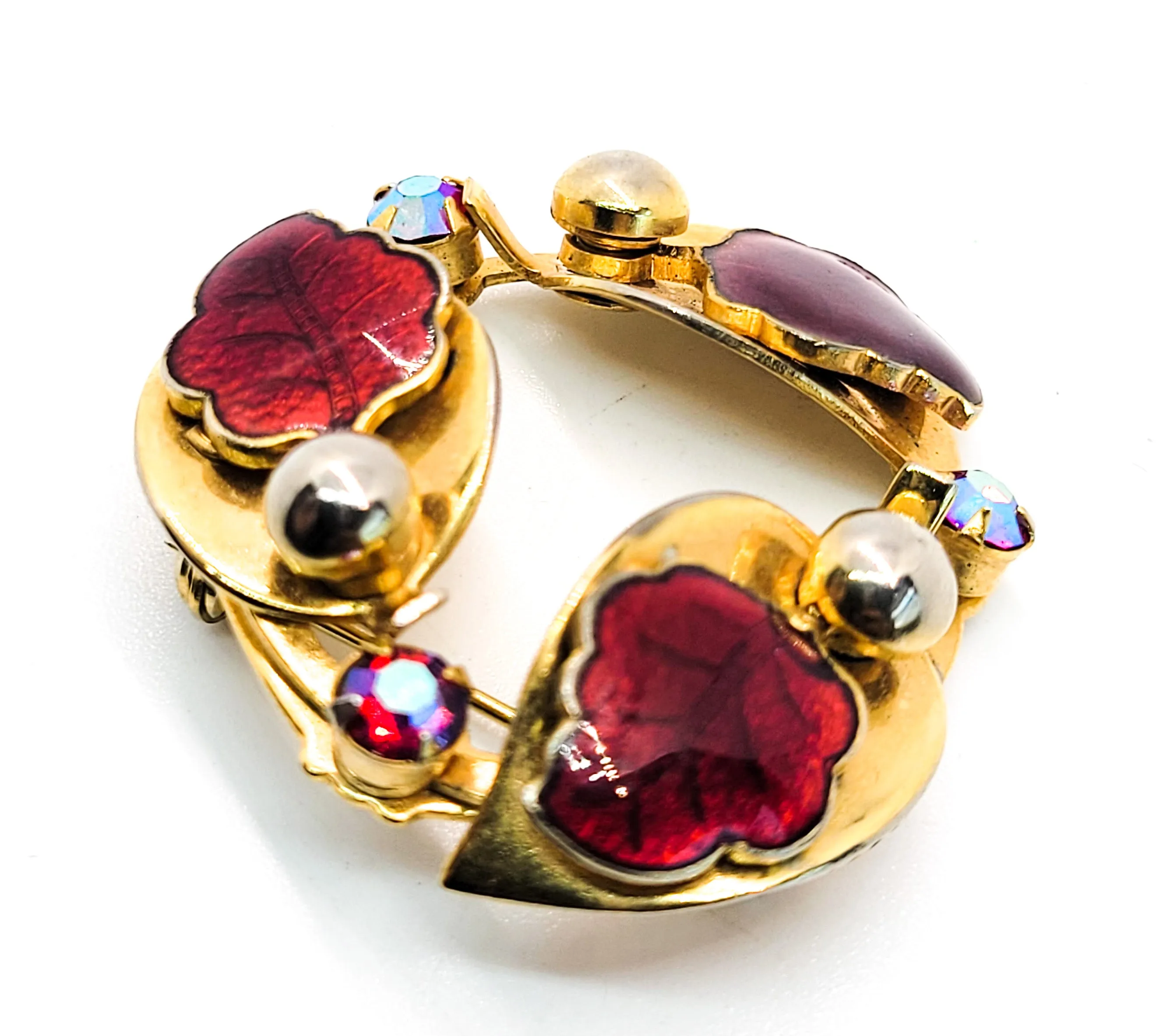 Red leaf enamel gillouche aurora borealis vintage gold rhinestone brooch