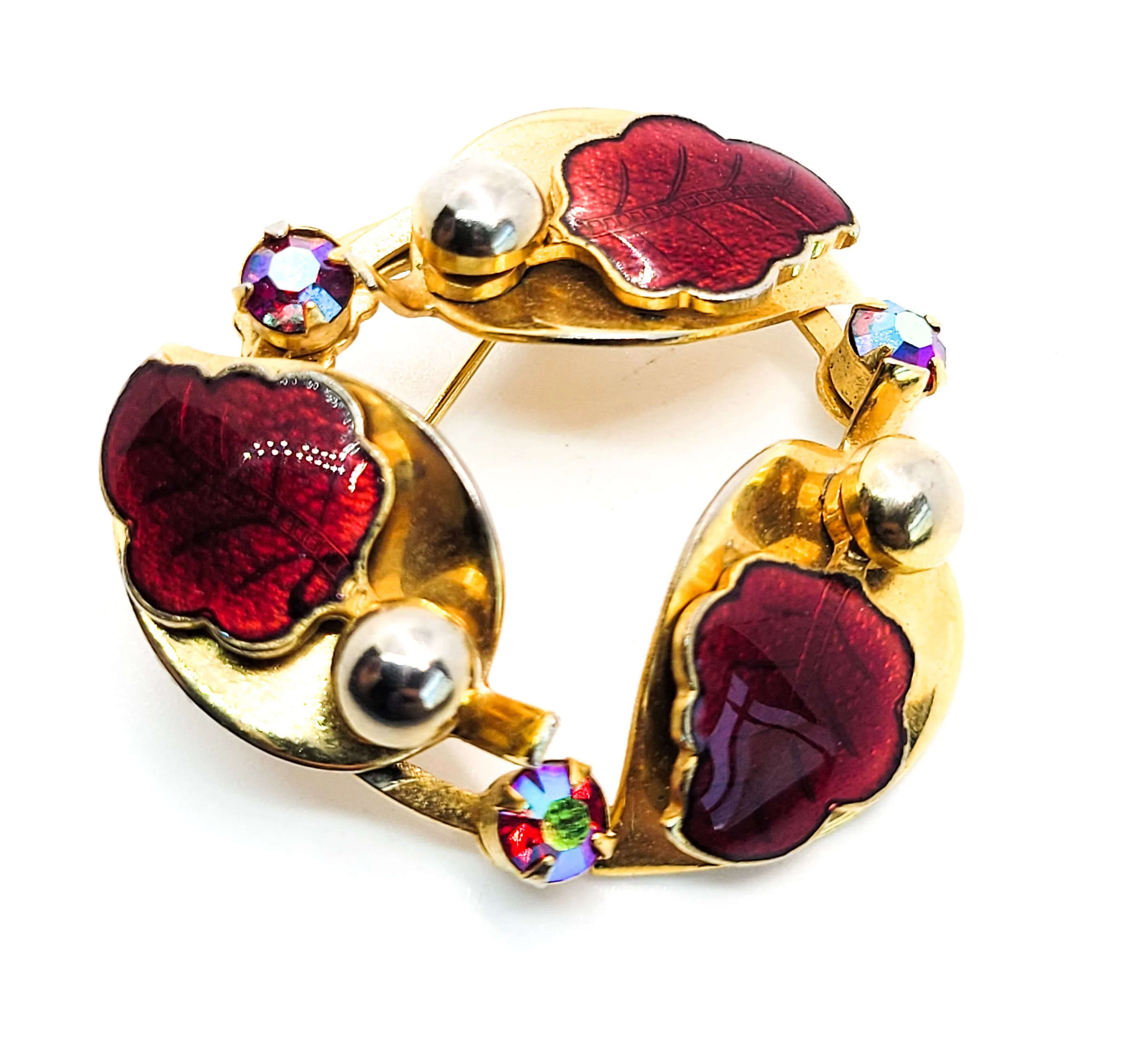 Red leaf enamel gillouche aurora borealis vintage gold rhinestone brooch