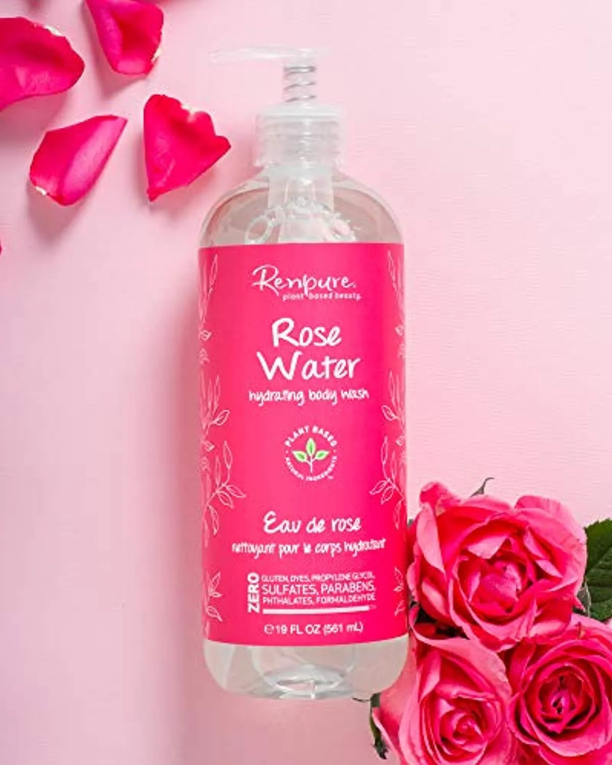 RENPURE PlantBased Organic Natural Rose Water Coconut Oil Body Wash, Sulfate Free Moisturizing Shower Gel Sensitive Skin with Pump for Women, Sandalwood, 19 Fl Oz