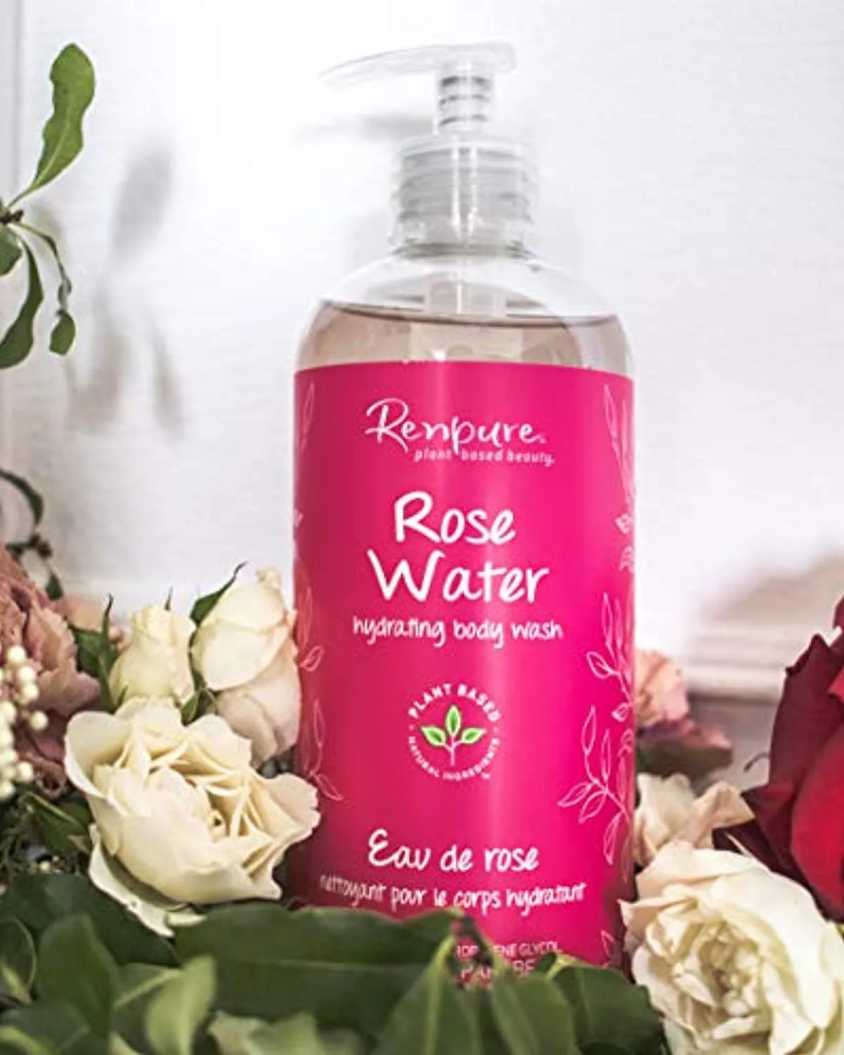 RENPURE PlantBased Organic Natural Rose Water Coconut Oil Body Wash, Sulfate Free Moisturizing Shower Gel Sensitive Skin with Pump for Women, Sandalwood, 19 Fl Oz